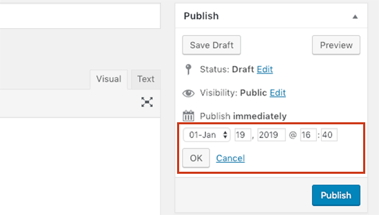 Selecione a data e a hora do agendamento no editor clássico