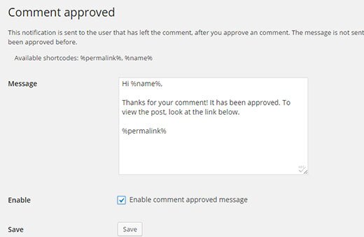 Configurações aprovadas de comentários