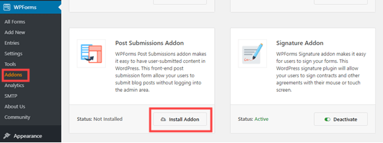Instalando o complemento de envios de postagem WPForms