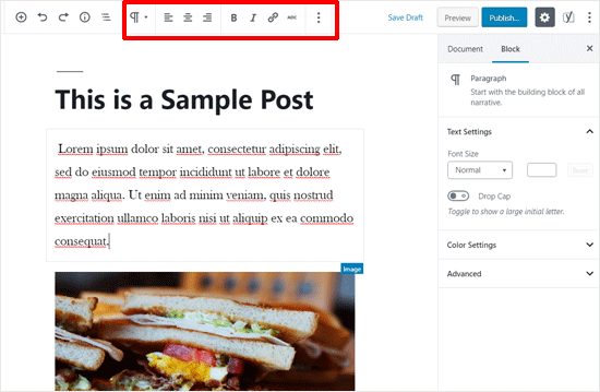 Barra de ferramentas superior habilitada no editor de postagem do WordPress