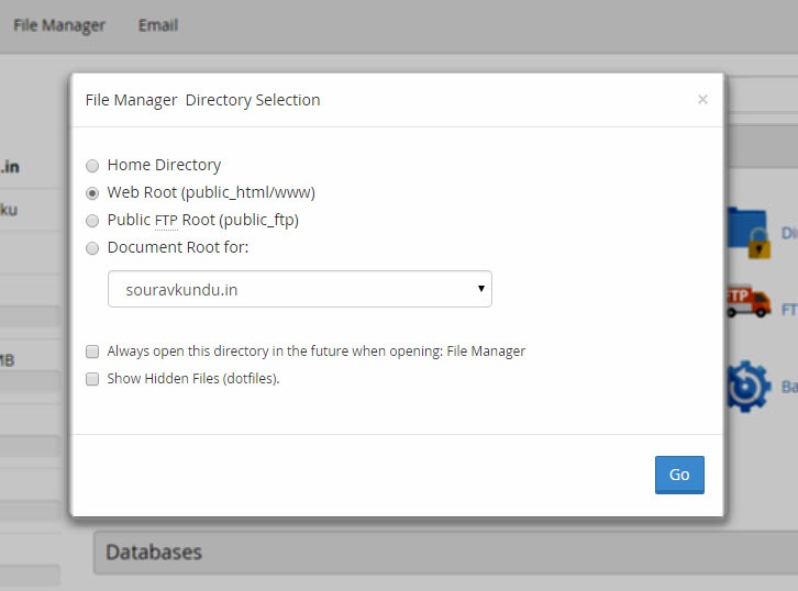 Diretório padrão do gerenciador de arquivos cPanel