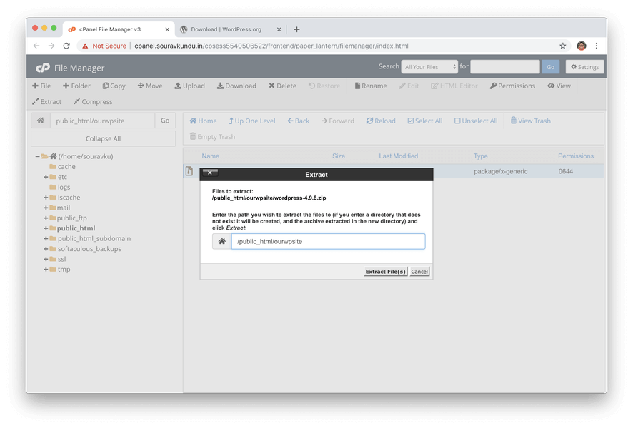 extrair arquivos wordpress no cpanel
