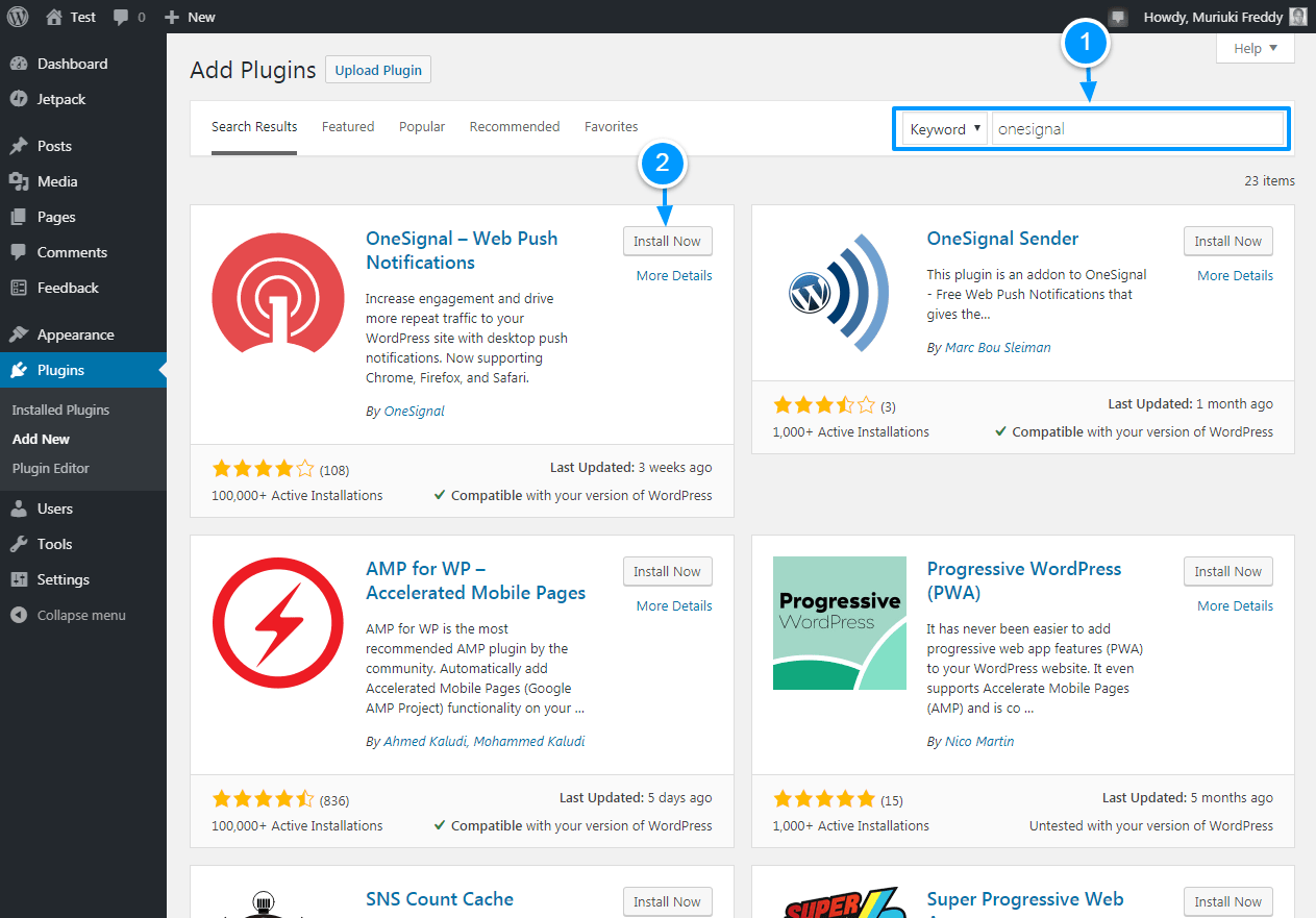 instalando o plugin onesignal wordpress