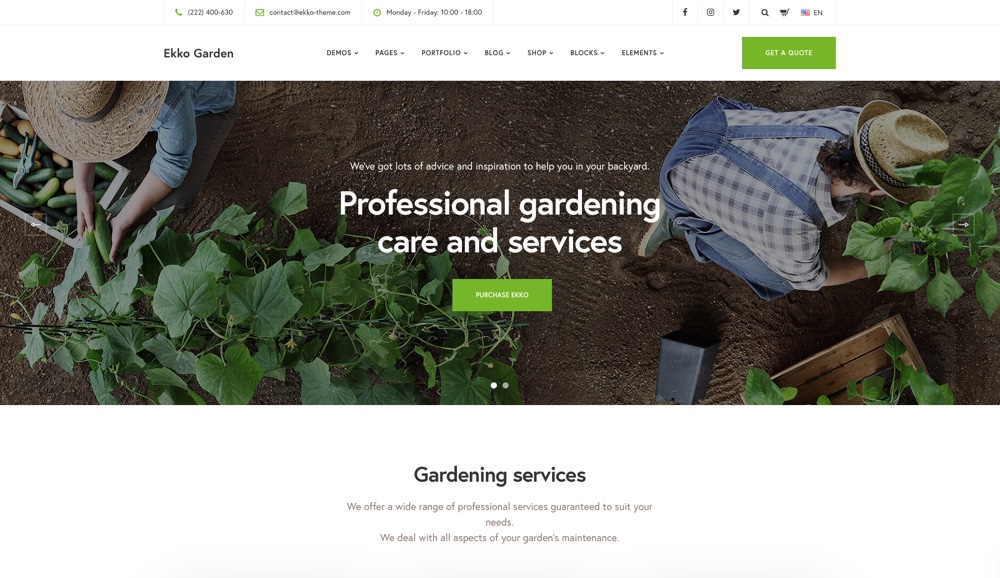 Tema WordPress de jardinagem Ekko com construtor de páginas