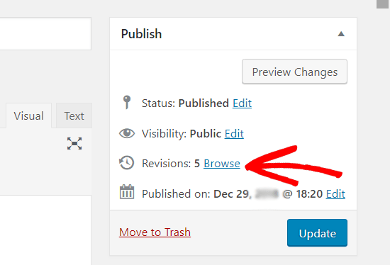 Navegando nas revisões de postagens no editor clássico