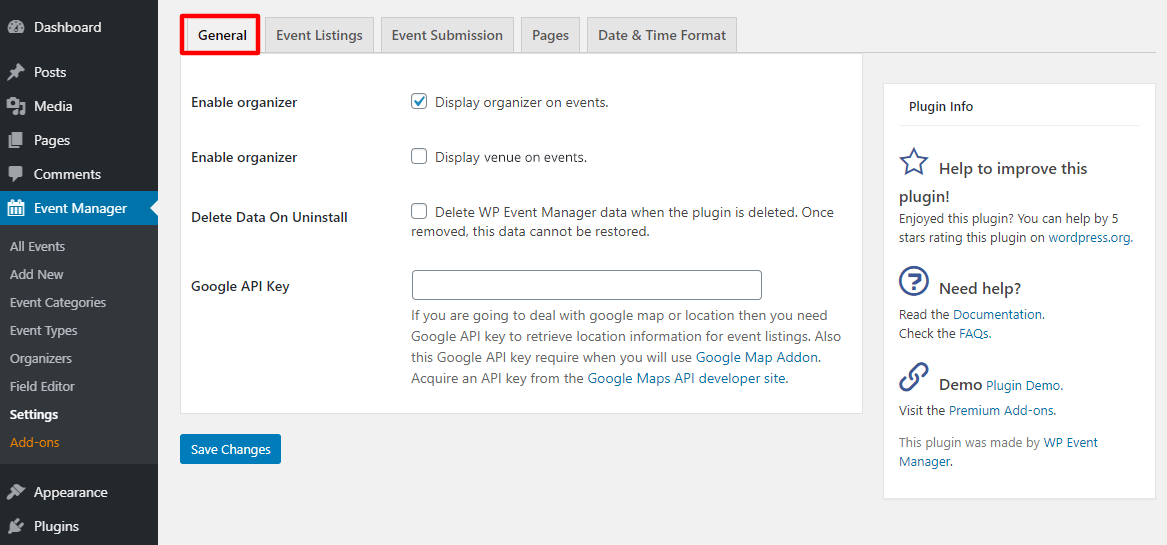 Configurações gerais do WP Event Manager