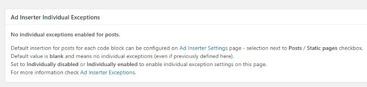 Configurações do Insersor de Anúncios: Exceções