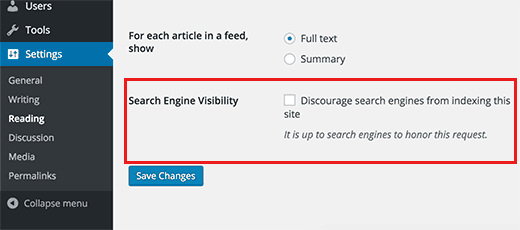 Opção de visibilidade do mecanismo de pesquisa nas configurações do WordPress