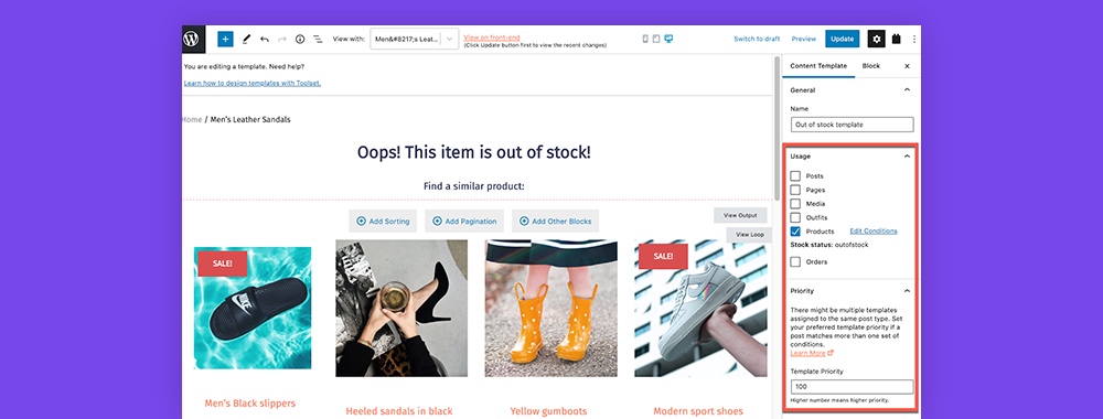 Modelo de conjunto de ferramentas para produtos esgotados