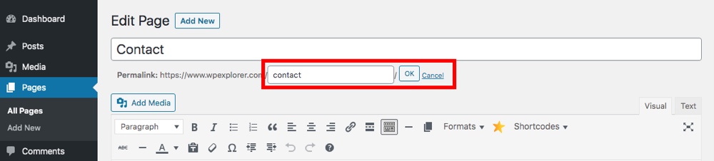 Exemplo de slug de página do WordPress