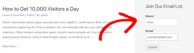Exemplo de formulário de inscrição de e-mail simples
