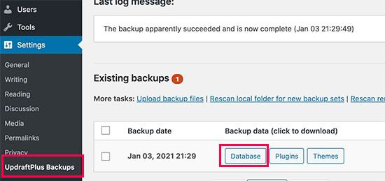 Baixe o backup do banco de dados WordPress