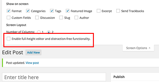 Menu de opções de tela na tela de edição de postagem no WordPress