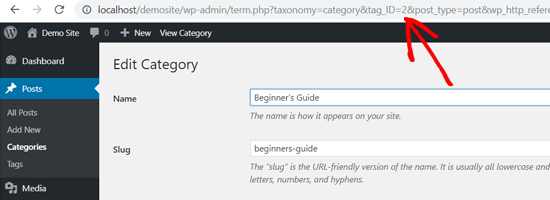 ID de categoria do WordPress na barra de endereços do navegador da Web