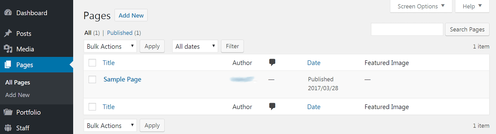 A seção Páginas do back-end.