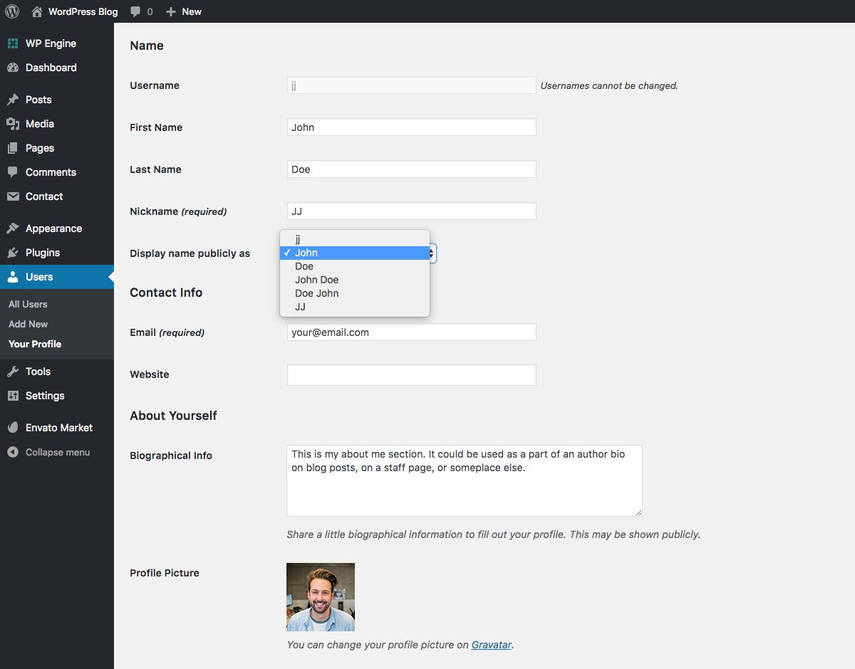 Configurações do WordPress: Perfil do usuário