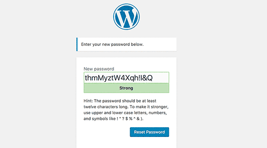 Digite uma nova senha para sua conta do WordPress