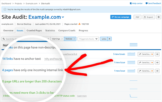 Auditoria de links internos da Semrush