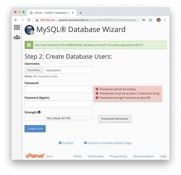 criando novo banco de dados mysql no cpanel 2 db usuário e senha