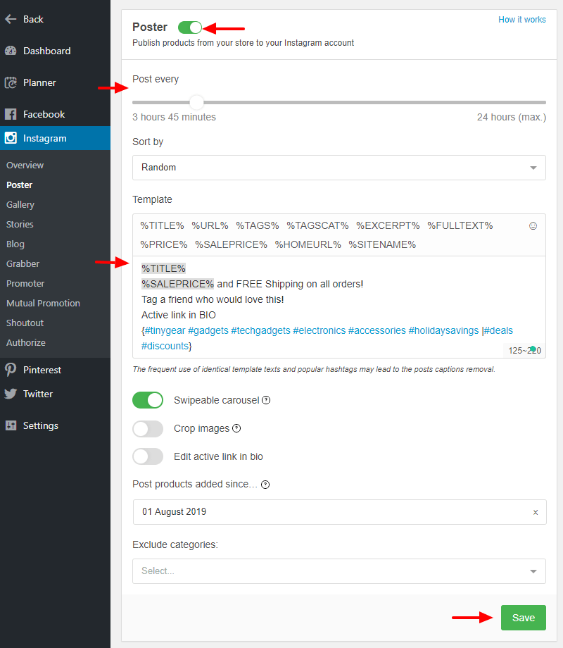 configurações da ferramenta de pôster do instagram