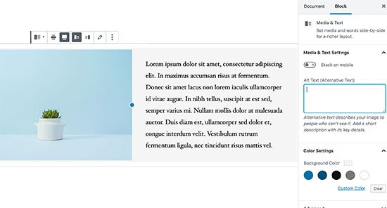 Bloco de mídia e texto no editor de conteúdo do WordPress