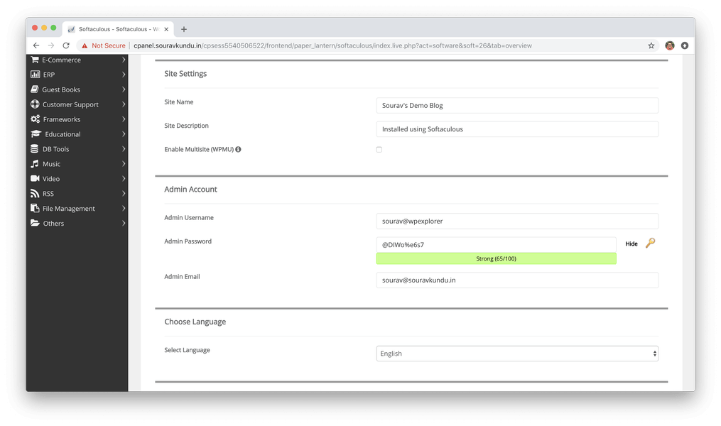 instalar wordpress com informações do site softaculous cpanel 4