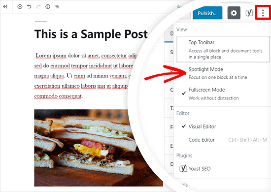 Ative o modo Spotlight no editor do WordPress