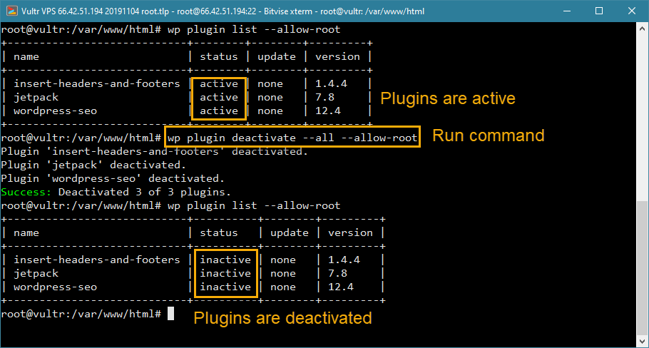wp-cli desabilita todos os plugins no wordpress a partir da linha de comando