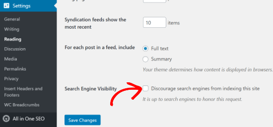 Opção de visibilidade do mecanismo de pesquisa no WordPress