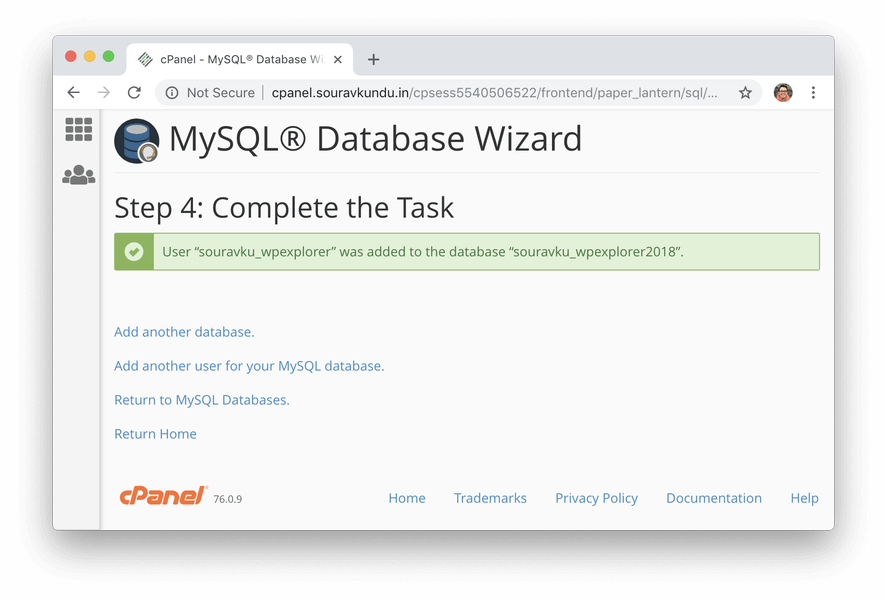 criando novo banco de dados mysql no cpanel criado com sucesso