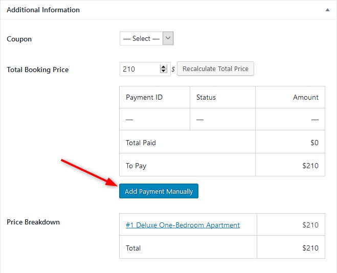 plugin de reserva de hotel motopress adicionar pagamentos manualmente