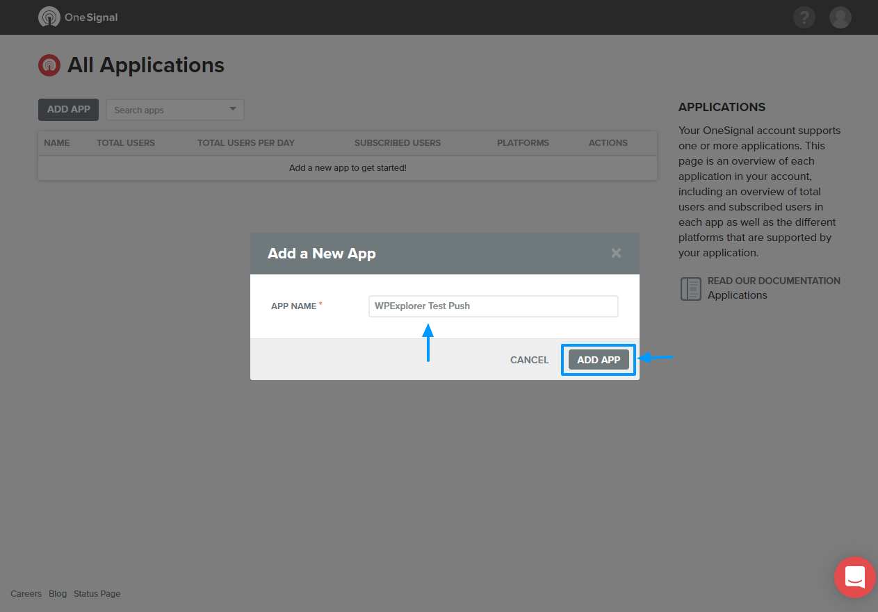 nomeando o aplicativo web push onesignal