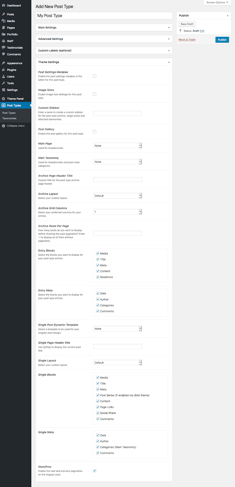 Plugin Ilimitado de Tipos de Post - Total de Opções