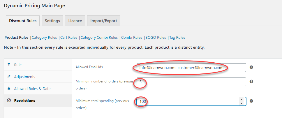 Restrições de preços e descontos dinâmicos do ELEX WooCommerce