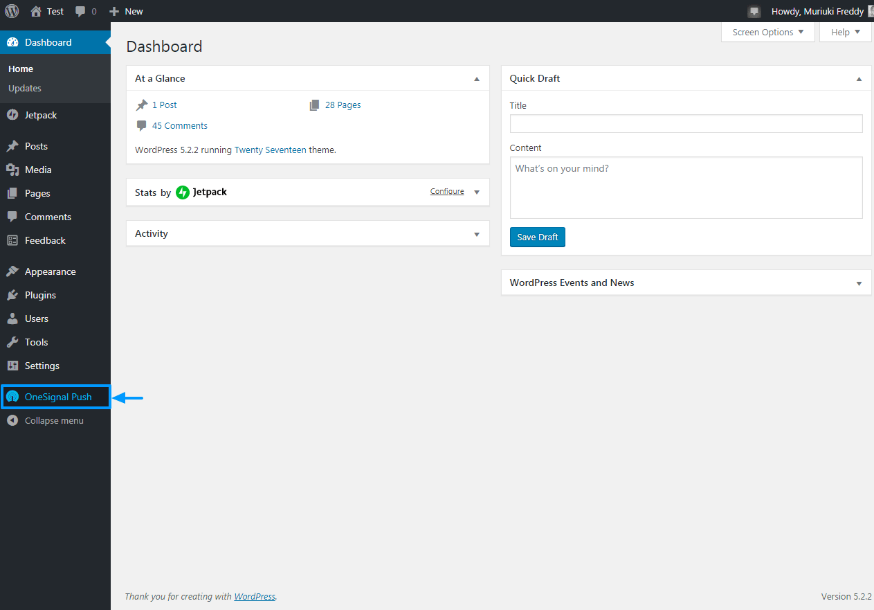 onesignal notificações push item de menu wordpress