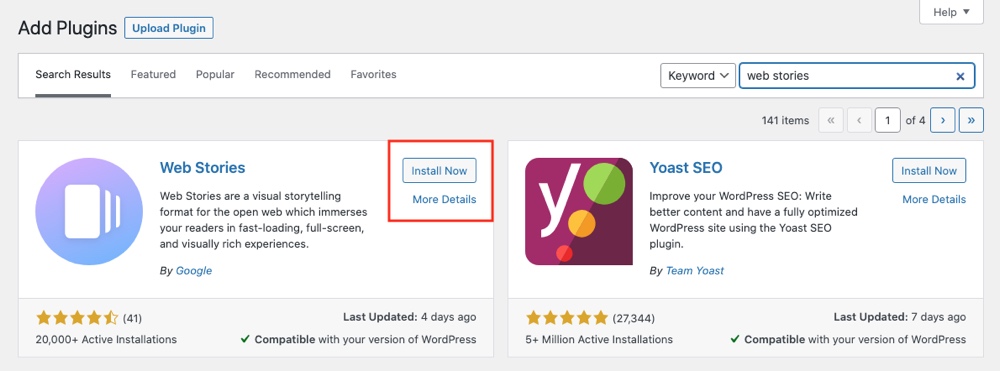 Instale o Google Web Stories para WordPress
