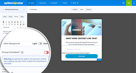 Adicionando a caixa de seleção da política de privacidade às campanhas OptinMonster