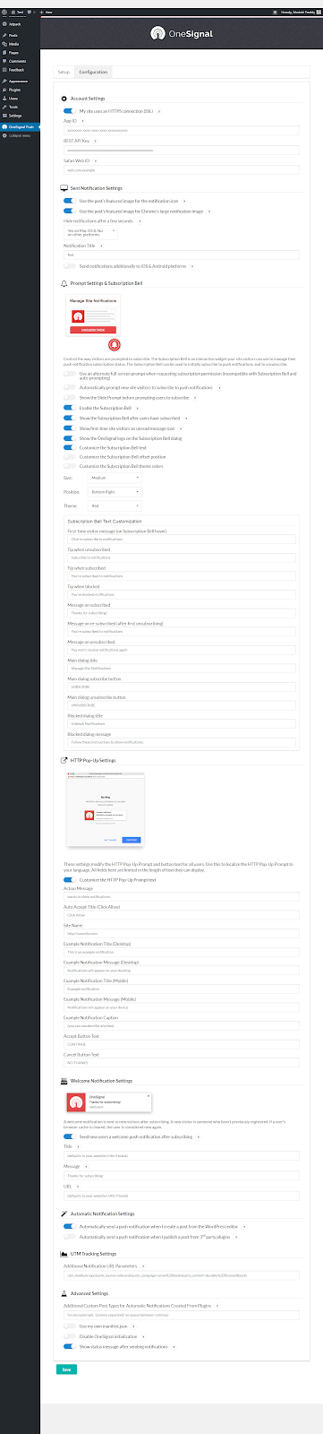 página de configuração do plugin wordpress de notificações push onesignal