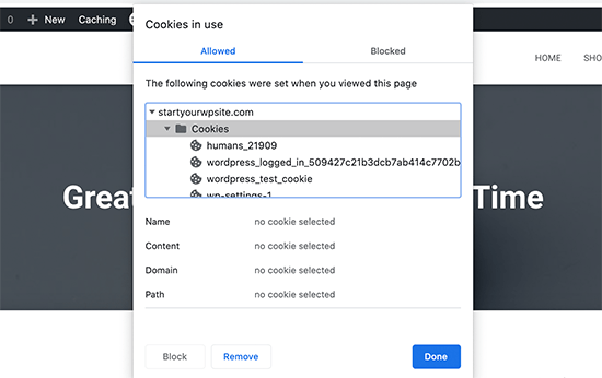 Cookies armazenados por um site WordPress