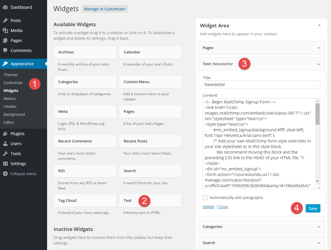 Sequência de etapas para incorporar o formulário de inscrição do MailChimp em um widget no WordPress