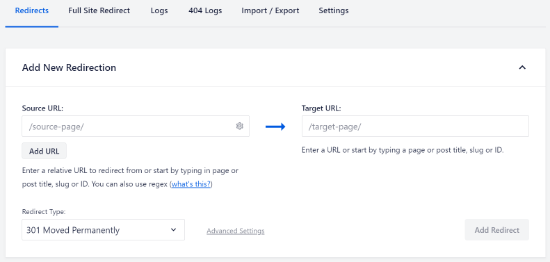 Insira o URL de origem e o URL de destino