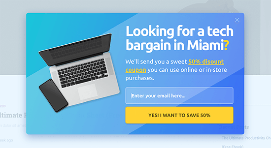 Popup com segmentação geográfica no WordPress mostrando uma mensagem personalizada