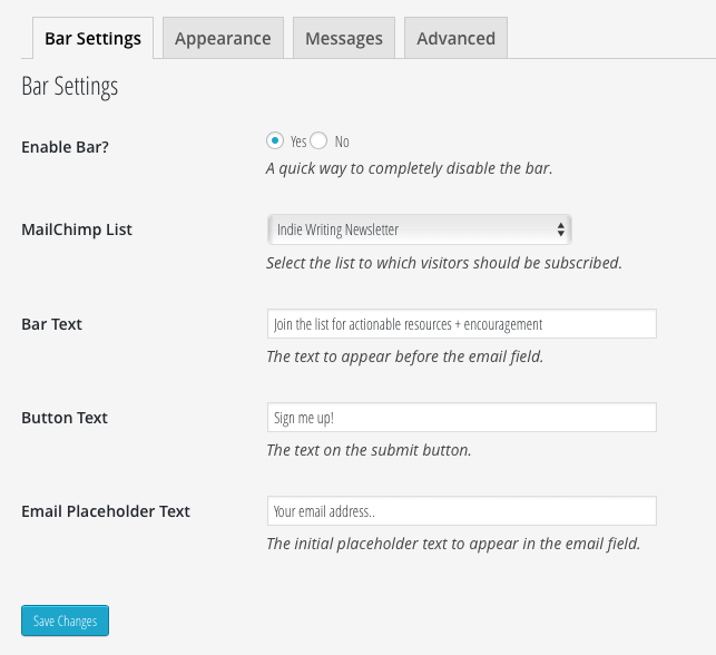 Configurações da barra superior do MailChimp para WordPress