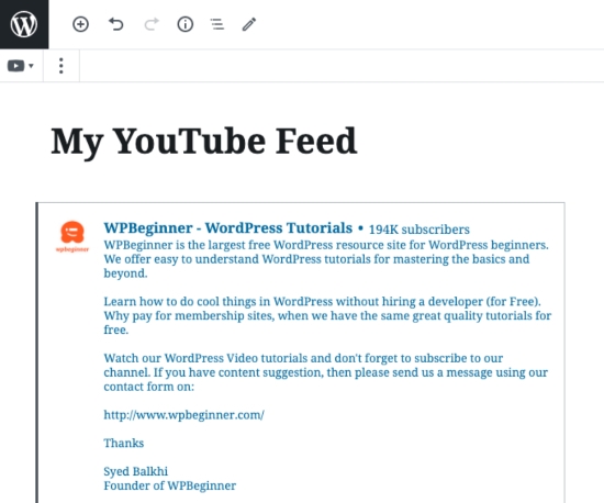 Feed do YouTube incorporado