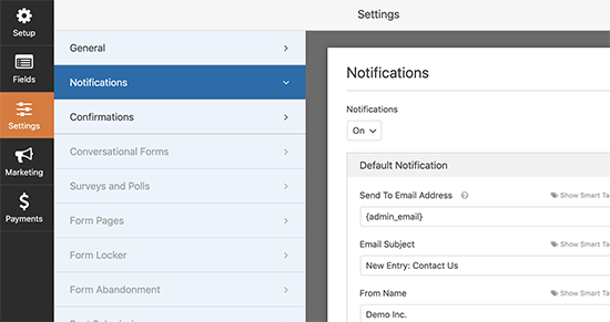 Configurando notificações de formulário