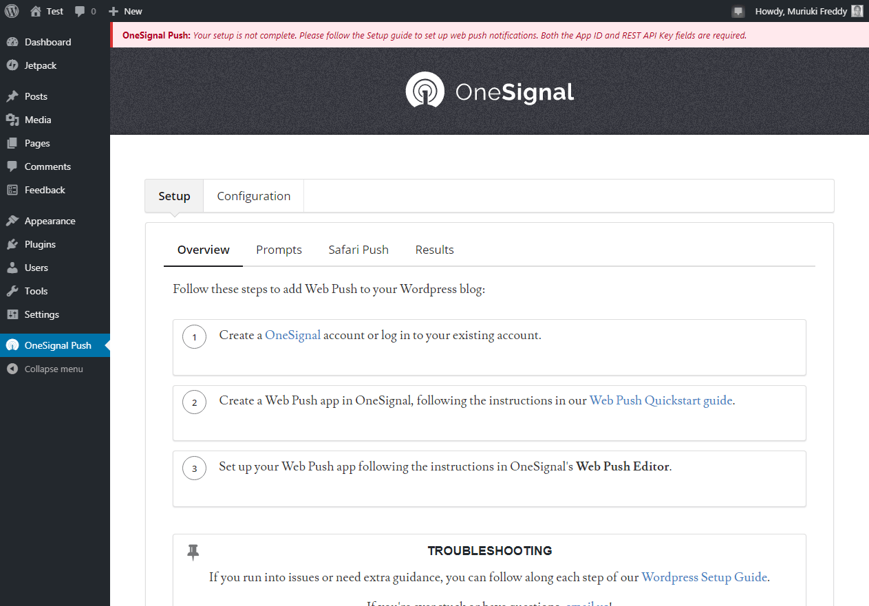 página de configurações do onesignal no administrador do wordpress