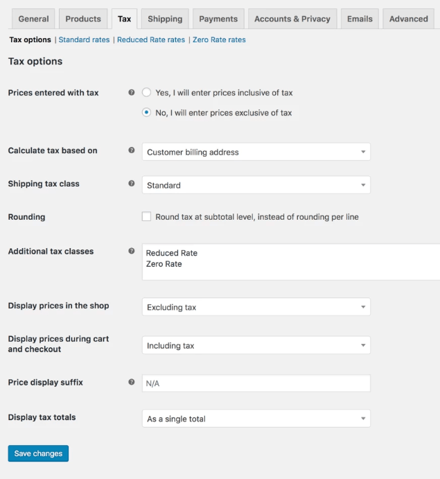 opções de impostos woocommerce