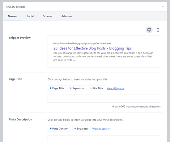 Configurações de postagem do blog AIOSEO