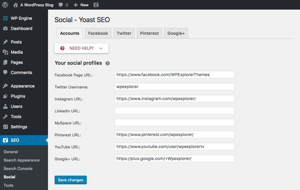 Configurações sociais do Yoast SEO