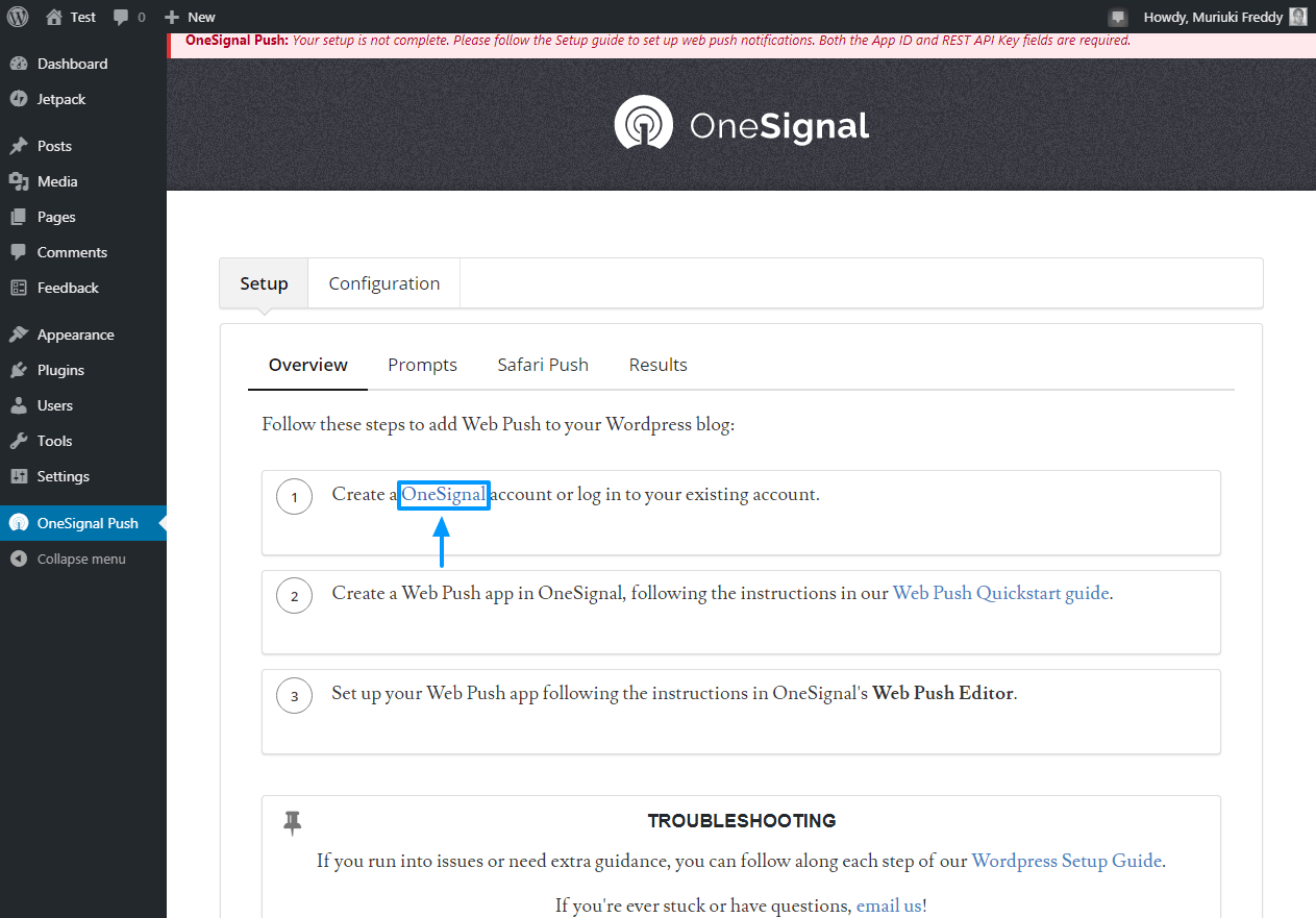 link de criação de conta onesignal no wordpress